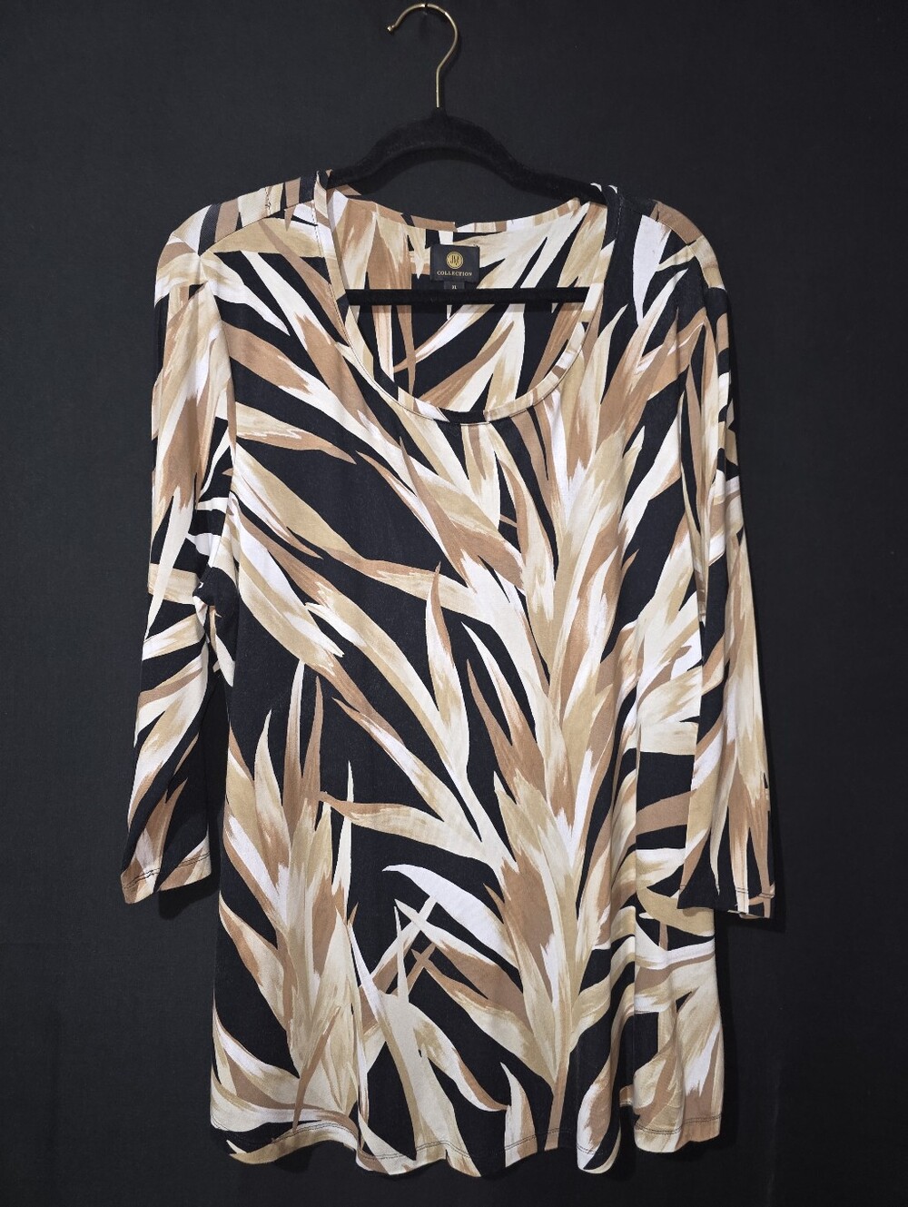JM Collection Black Long-Sleeve Tee with Tan & Cream Leaf Print